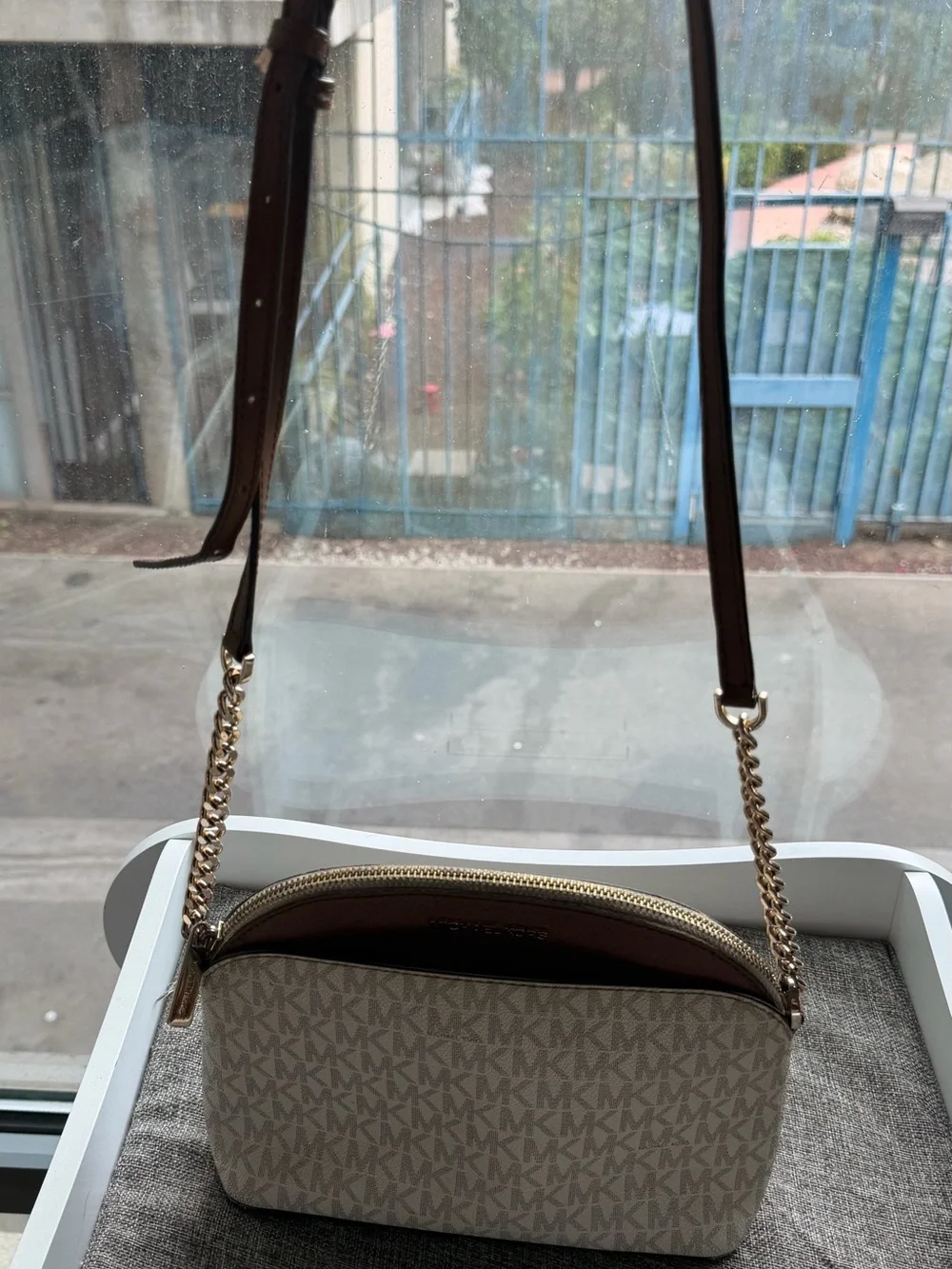 Michael Kors Beige MK Signature Crossbody with Brown Trim